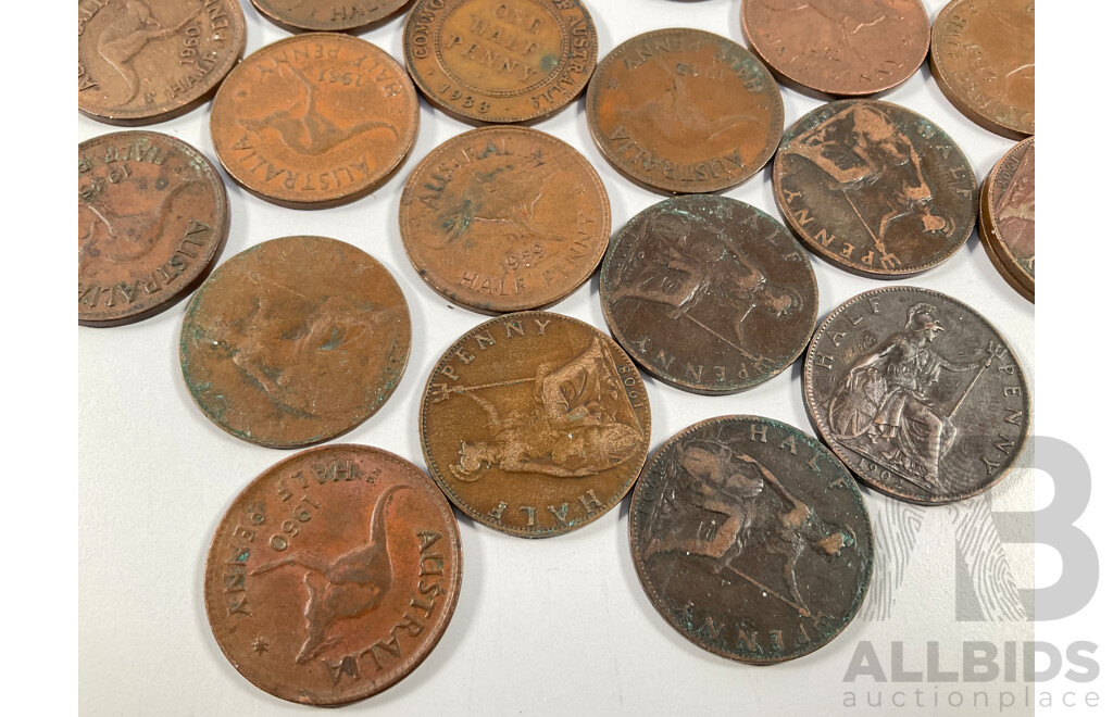 Collection of Australian Half Pennies Spanning 1926 to 1961 and Great Britain Half Pennies Spanning 1901 to 1914
