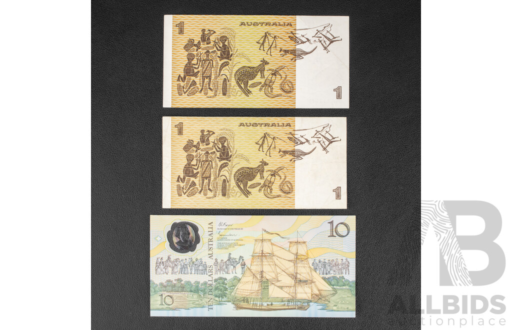 Two Australian 1982 First Prefix One Dollar Notes, Johnston/Stone R78F with 1988 Ten Dollar Note, Bicentennial, R310b