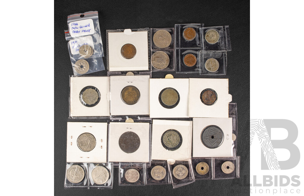 Collection of Vintage Coins France 1922 One Franc, Germany One Pfennig 1875 Five Pfennig, Four PNG 1944 Threepence, 1935`sixpence, USA 1907 Five Cents, Ireland 1767 Half Penny, Belgium 1943 Twenty Five Cents............