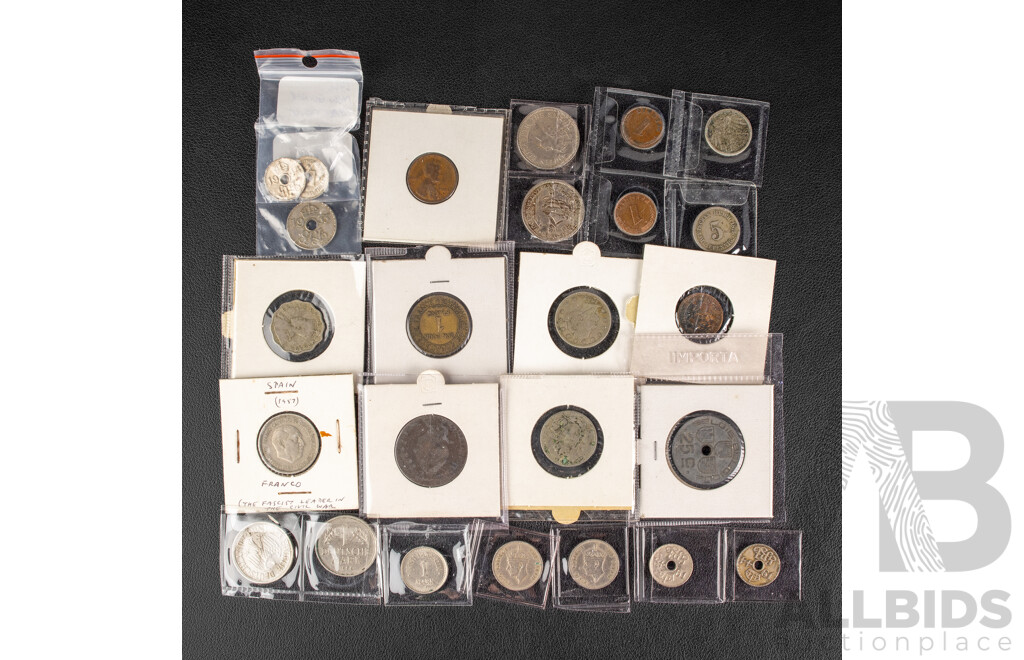 Collection of Vintage Coins France 1922 One Franc, Germany One Pfennig 1875 Five Pfennig, Four PNG 1944 Threepence, 1935`sixpence, USA 1907 Five Cents, Ireland 1767 Half Penny, Belgium 1943 Twenty Five Cents............