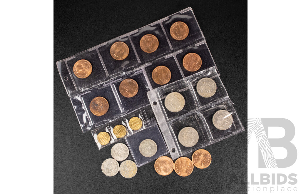 Collection of United Kingdom Coins Including 1939 Silver Two Shillings, Half Crowns, Threepence and Eleven High Grade 1967 Pennies