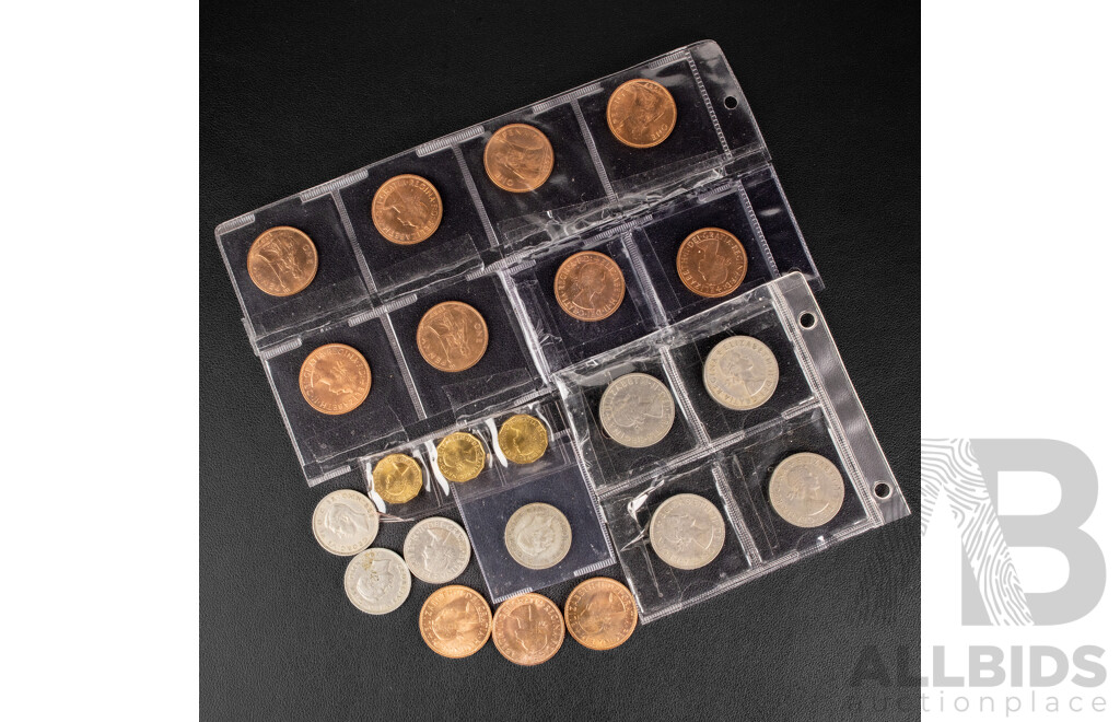 Collection of United Kingdom Coins Including 1939 Silver Two Shillings, Half Crowns, Threepence and Eleven High Grade 1967 Pennies