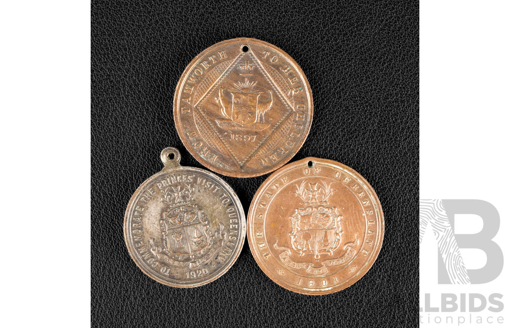 Three Australian Commemorative Medals Including 1897 QV From Tamworth to Her Children, 1901 Establishment of the Commonwealth, 1920 Prince of Wales Visit