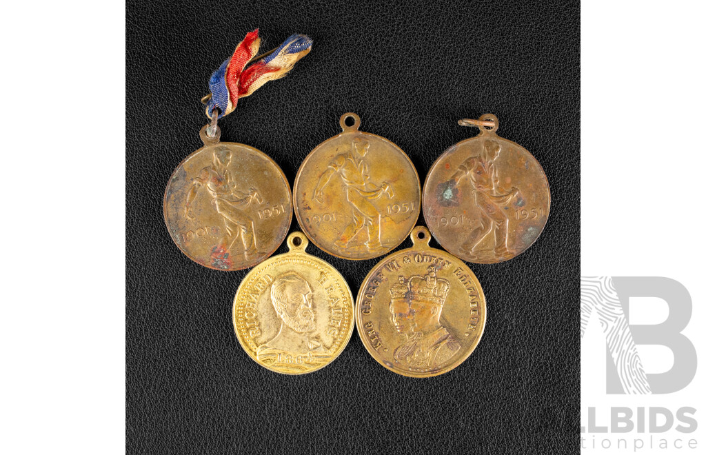 Five Australian Commemorative Medals Including 1937 Coronation of KGV, Three 1951 Fiftieth Anniversary of Commonwealth of Australia, 1964 Healesville Victoria Centenary