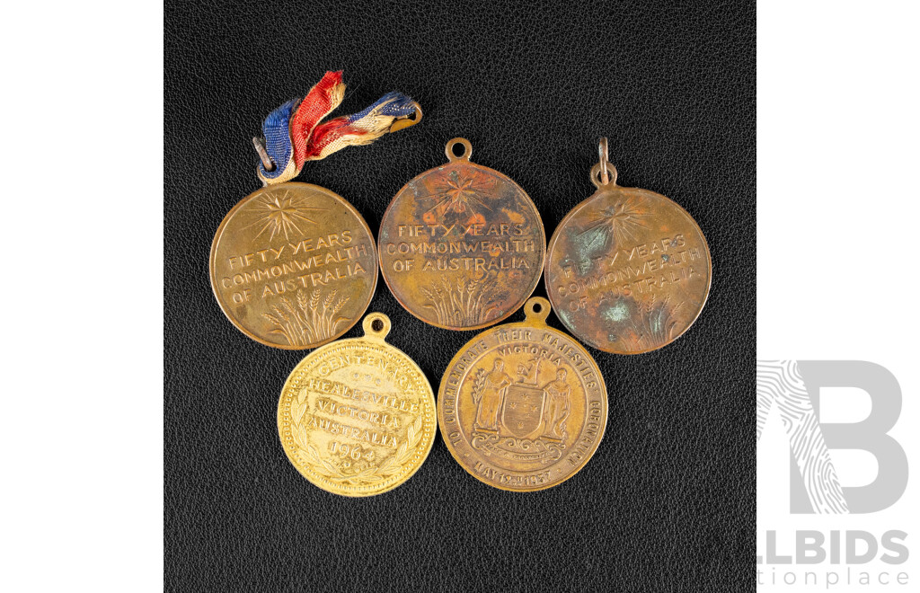Five Australian Commemorative Medals Including 1937 Coronation of KGV, Three 1951 Fiftieth Anniversary of Commonwealth of Australia, 1964 Healesville Victoria Centenary