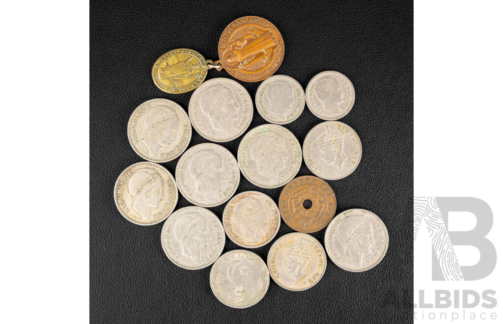 Collection of Vintage Coins and Medals Including Zimbabwe 1952 Penny, Two East Africa 1948 Shillings, Pakistan 1949 One Rupee, Algeria 1940's-50s Coins, Sisters of St Benedict Medals