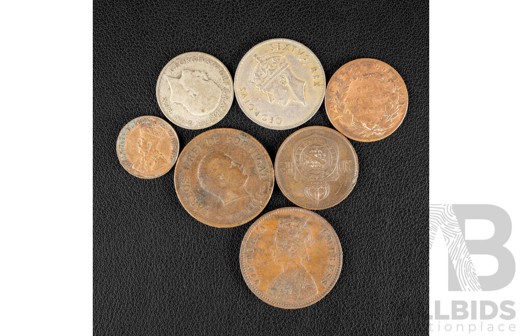 Collection of Vinatge Coins Including United Kingdom 1923 Silver Shilling, South Africa 1948 Silver Shilling, Portuguese India 1903 Half Tanga, Brazil 1868 Twenty Reis, Canada 1920 One Cent....