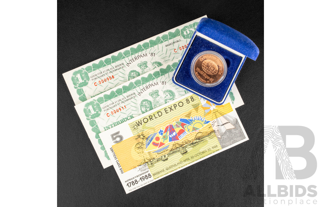 Australian 1988 World Expo Medallion and Five Dollar Expo Note, Two Canadian 1981 Interpam One Interbuck Notes