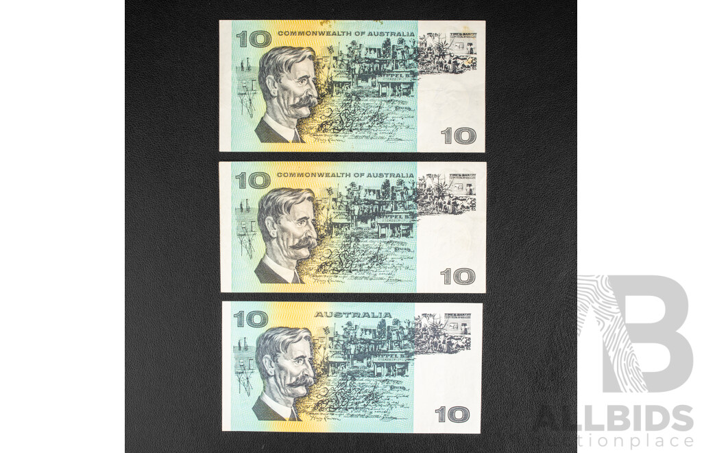 Three Australian Ten Dollar Notes Including 1968 R303 Phillips/Randall, 1972 Phillips/Wheeler R304, 1985 Johnston/Fraser R309