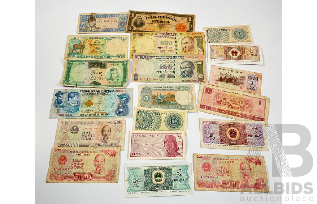 Collection of Vintage International Banknotes Including Philippines, India, Indonesia, China, Vietnam