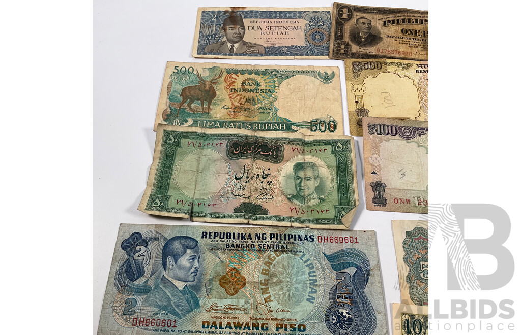 Collection of Vintage International Banknotes Including Philippines, India, Indonesia, China, Vietnam