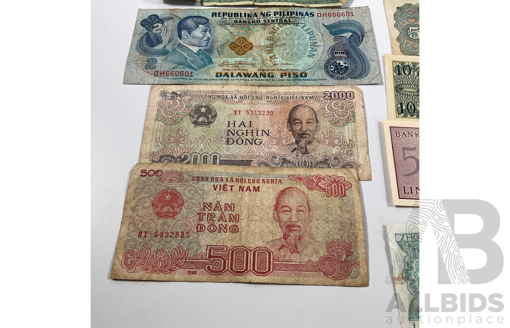 Collection of Vintage International Banknotes Including Philippines, India, Indonesia, China, Vietnam