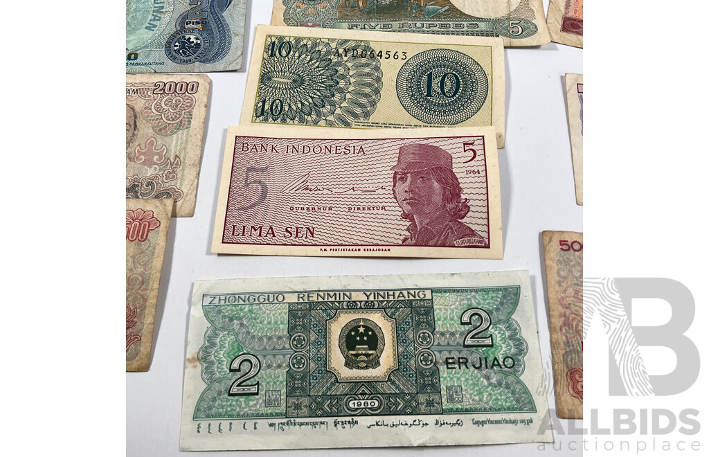 Collection of Vintage International Banknotes Including Philippines, India, Indonesia, China, Vietnam