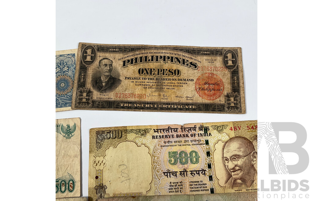 Collection of Vintage International Banknotes Including Philippines, India, Indonesia, China, Vietnam