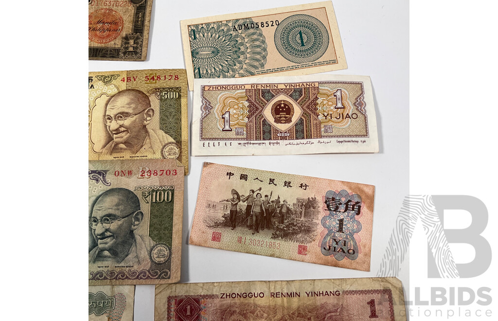 Collection of Vintage International Banknotes Including Philippines, India, Indonesia, China, Vietnam