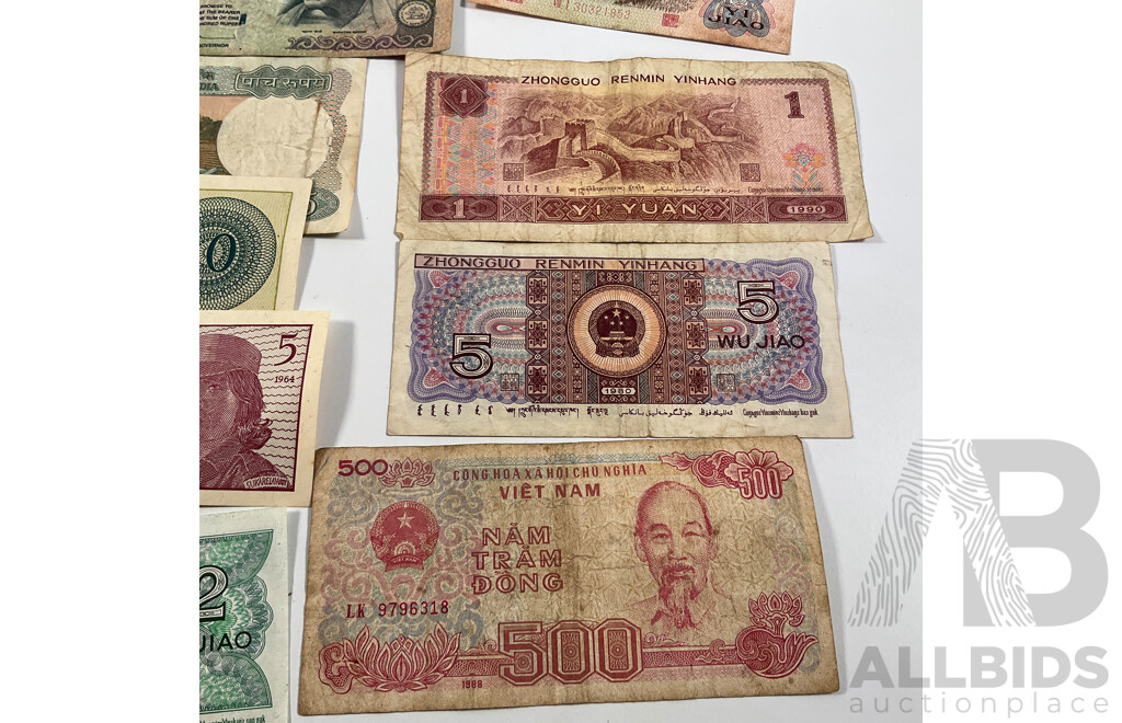 Collection of Vintage International Banknotes Including Philippines, India, Indonesia, China, Vietnam