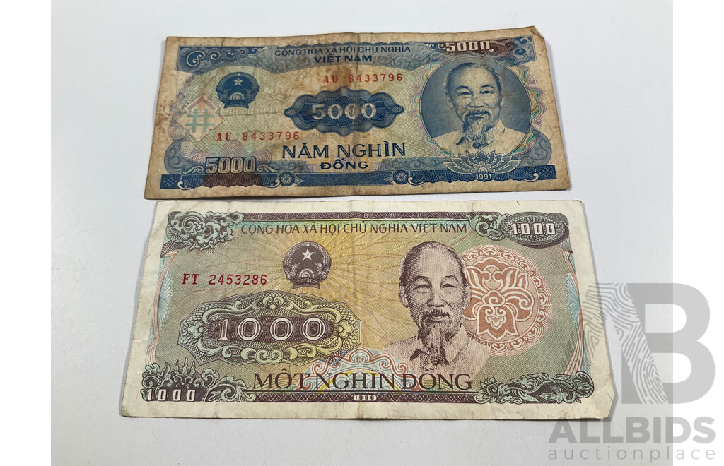 Collection of Vintage International Banknotes Including Philippines, India, Indonesia, China, Vietnam