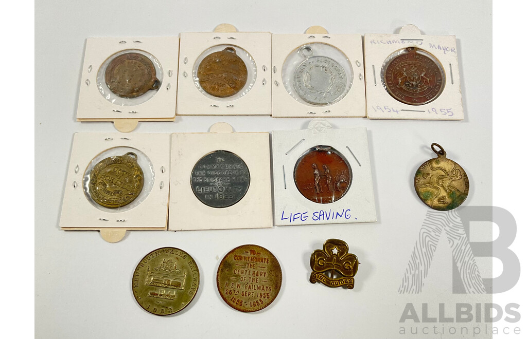 Collection of Vintage Australian Medallions Including 1955 NSW Railways Centenary, Life Saving, Wangaratta, 1923 Brisbane Centenary, 1957 Box Hill, 1959 Footscray Centenary, 1965 Barrabool, 1955 Richmond