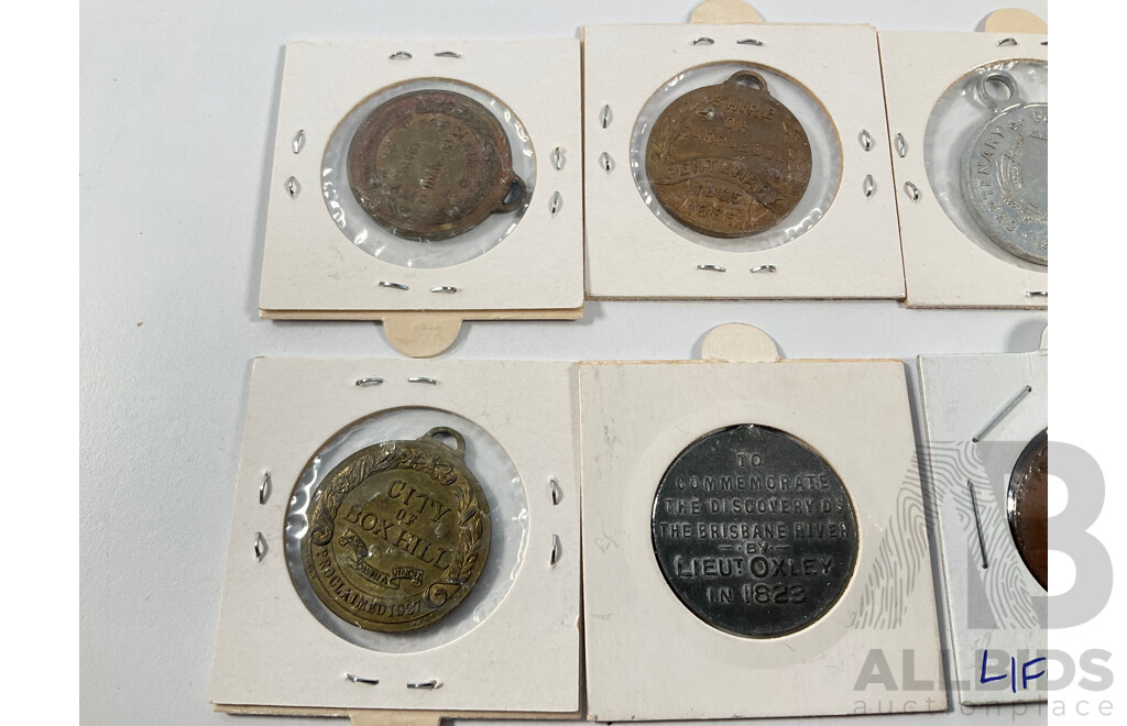 Collection of Vintage Australian Medallions Including 1955 NSW Railways Centenary, Life Saving, Wangaratta, 1923 Brisbane Centenary, 1957 Box Hill, 1959 Footscray Centenary, 1965 Barrabool, 1955 Richmond