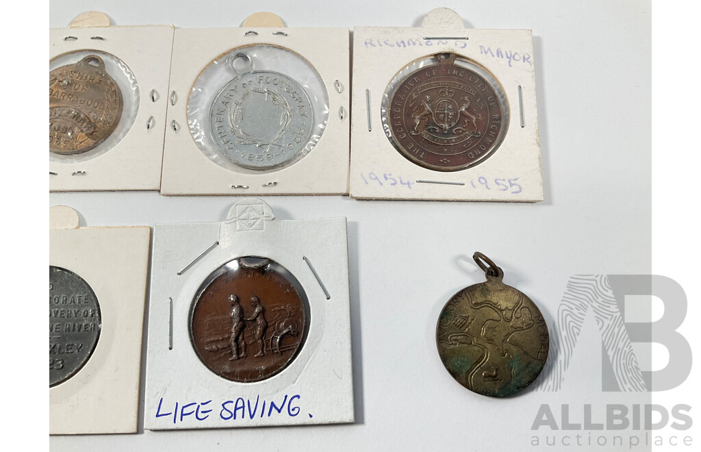 Collection of Vintage Australian Medallions Including 1955 NSW Railways Centenary, Life Saving, Wangaratta, 1923 Brisbane Centenary, 1957 Box Hill, 1959 Footscray Centenary, 1965 Barrabool, 1955 Richmond