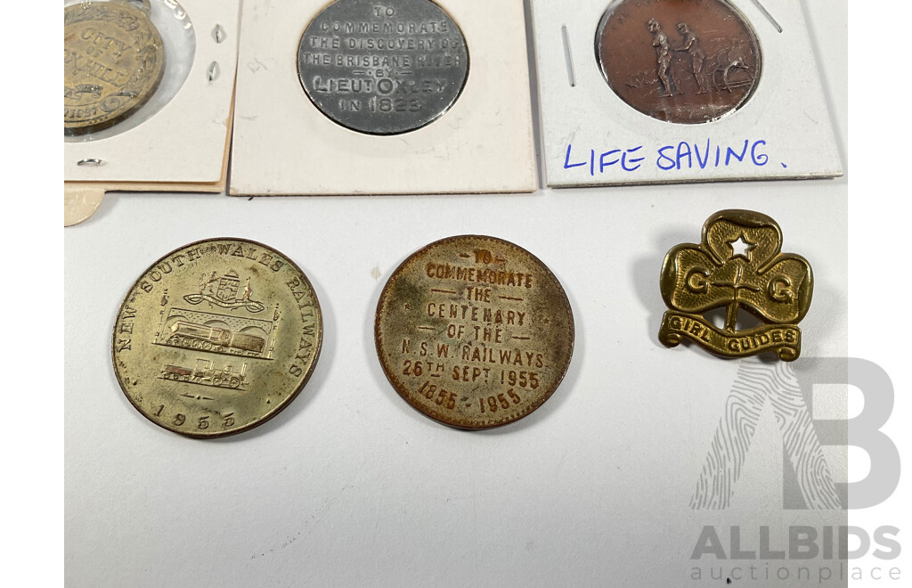 Collection of Vintage Australian Medallions Including 1955 NSW Railways Centenary, Life Saving, Wangaratta, 1923 Brisbane Centenary, 1957 Box Hill, 1959 Footscray Centenary, 1965 Barrabool, 1955 Richmond