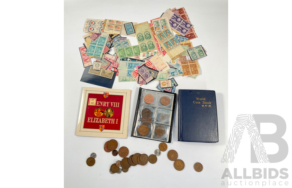 Two Albums of Vintage International Coins Including United Kingdom and Australian Pennies and Half Pennies, China, New Zealand, India, Westair Replica Coins, Mint USA Stamp Strips and Blocks