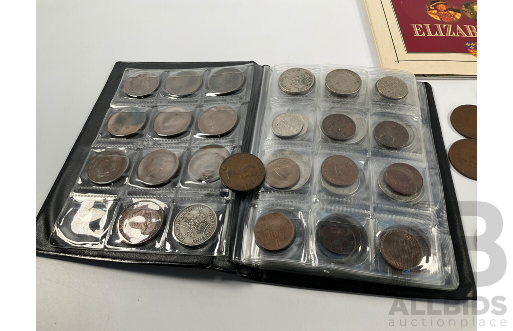 Two Albums of Vintage International Coins Including United Kingdom and Australian Pennies and Half Pennies, China, New Zealand, India, Westair Replica Coins, Mint USA Stamp Strips and Blocks