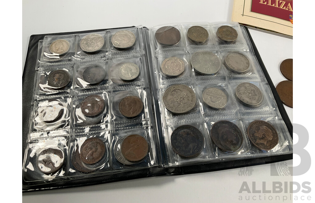 Two Albums of Vintage International Coins Including United Kingdom and Australian Pennies and Half Pennies, China, New Zealand, India, Westair Replica Coins, Mint USA Stamp Strips and Blocks