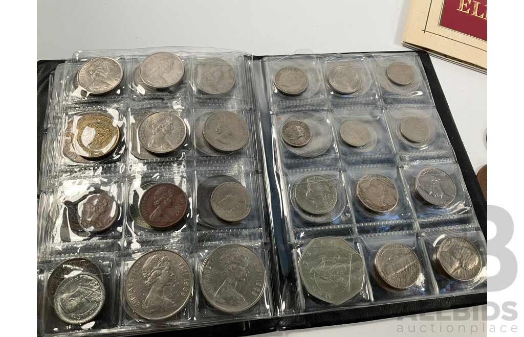 Two Albums of Vintage International Coins Including United Kingdom and Australian Pennies and Half Pennies, China, New Zealand, India, Westair Replica Coins, Mint USA Stamp Strips and Blocks