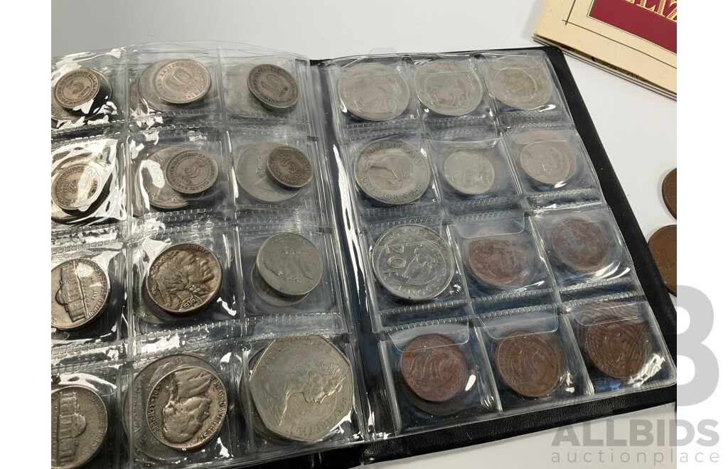 Two Albums of Vintage International Coins Including United Kingdom and Australian Pennies and Half Pennies, China, New Zealand, India, Westair Replica Coins, Mint USA Stamp Strips and Blocks