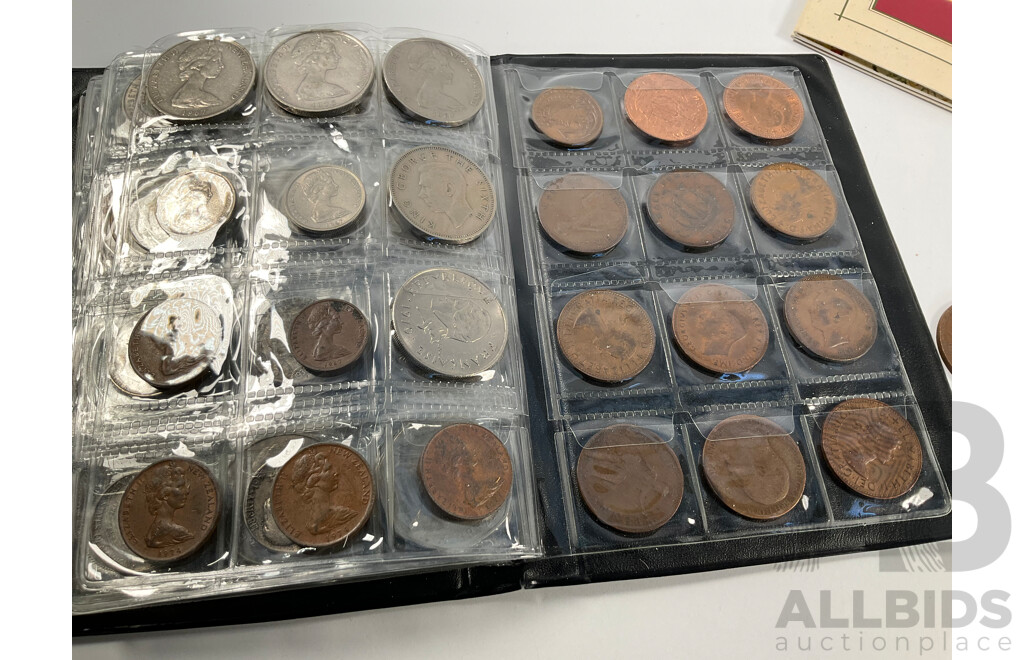 Two Albums of Vintage International Coins Including United Kingdom and Australian Pennies and Half Pennies, China, New Zealand, India, Westair Replica Coins, Mint USA Stamp Strips and Blocks