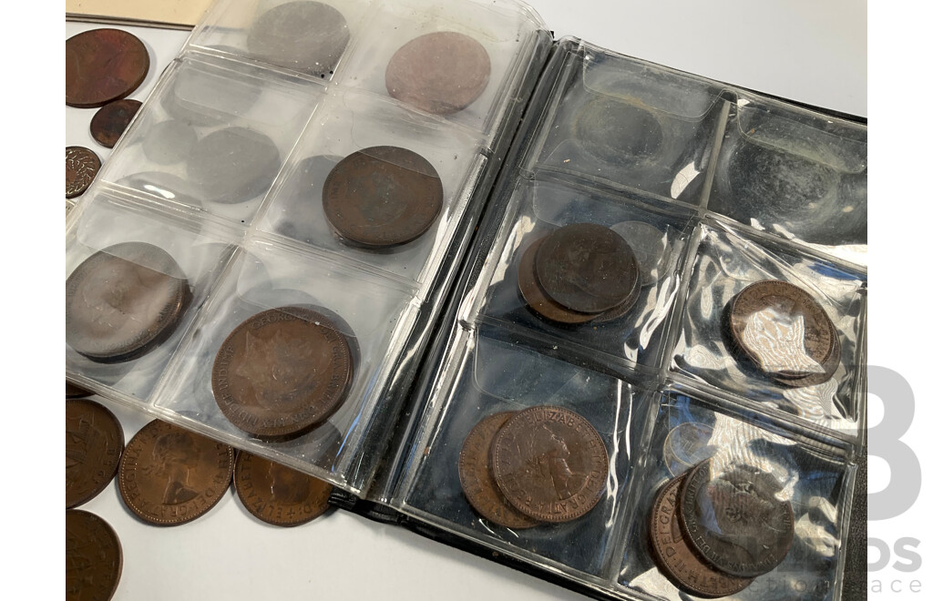 Two Albums of Vintage International Coins Including United Kingdom and Australian Pennies and Half Pennies, China, New Zealand, India, Westair Replica Coins, Mint USA Stamp Strips and Blocks