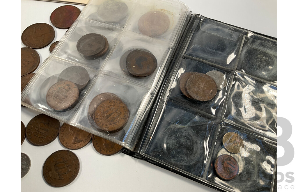 Two Albums of Vintage International Coins Including United Kingdom and Australian Pennies and Half Pennies, China, New Zealand, India, Westair Replica Coins, Mint USA Stamp Strips and Blocks