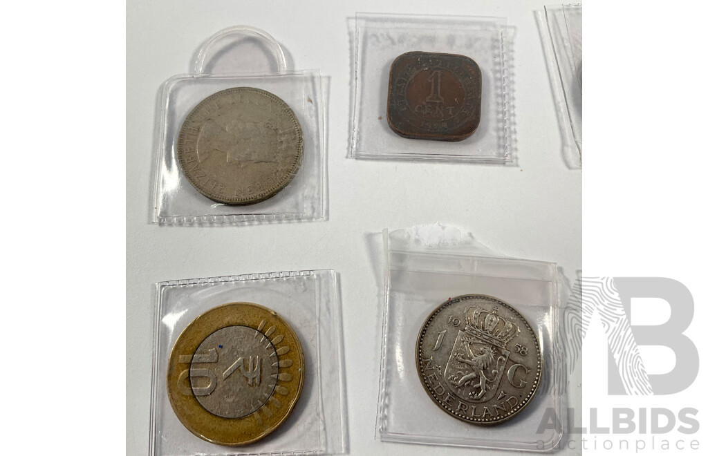 Collection of Vintage and Antique International Coins Including Netherlands 1958 Silver One Guilder, France 1854 Napoleon Ten Cents, Pakistan, Malaya, Straits Settlements, India, San Marino, British Borneo,