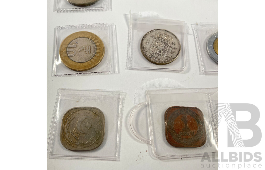 Collection of Vintage and Antique International Coins Including Netherlands 1958 Silver One Guilder, France 1854 Napoleon Ten Cents, Pakistan, Malaya, Straits Settlements, India, San Marino, British Borneo,