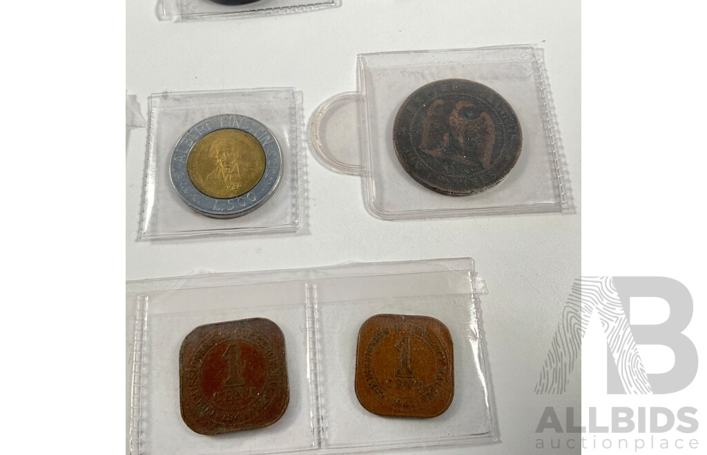 Collection of Vintage and Antique International Coins Including Netherlands 1958 Silver One Guilder, France 1854 Napoleon Ten Cents, Pakistan, Malaya, Straits Settlements, India, San Marino, British Borneo,