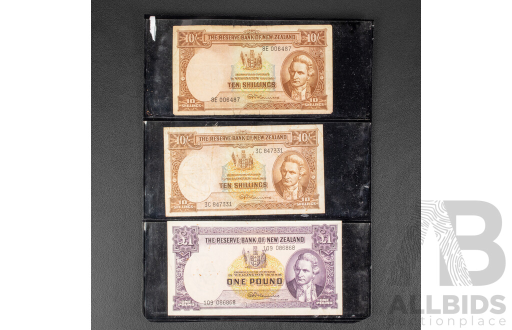 Three New Zealand Predecimal Captain Cook Banknotes Including One Pound and Two Ten Shillings