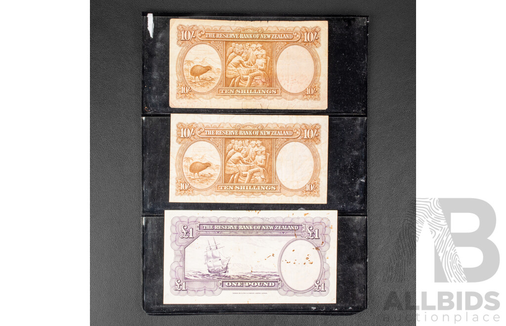 Three New Zealand Predecimal Captain Cook Banknotes Including One Pound and Two Ten Shillings