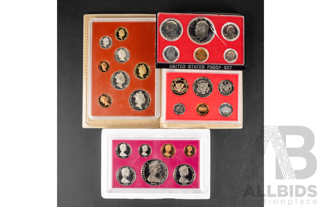 Four Proof Coin Sets Including Australian 1988, USA 1976 and 1982 Cook Islands 1972