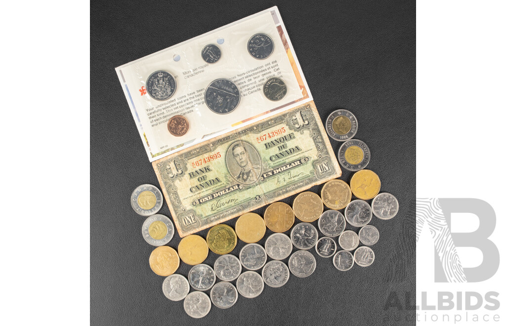 Collection of Canadian Currency Including 1937 KGVI One Dollar Note, 1982 Six UNC Coin Set, Assortment of Coins
