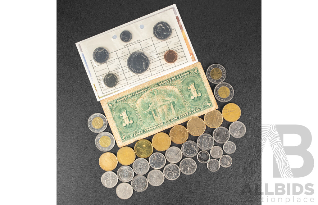 Collection of Canadian Currency Including 1937 KGVI One Dollar Note, 1982 Six UNC Coin Set, Assortment of Coins