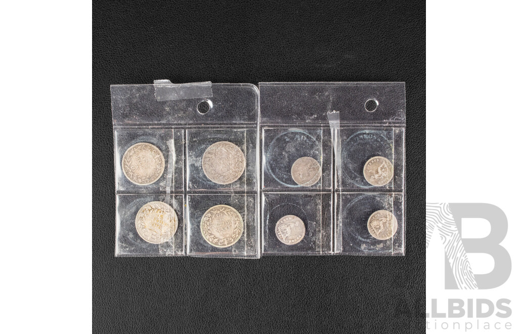 Eight Great Britain Silver QV Coins Including Four One Shillings, 1882, 1883, 1885 1886 and Four Threepence, 1840, 1842, 1843, 1844 .925