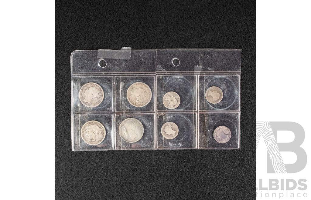 Eight Great Britain Silver QV Coins Including Four One Shillings, 1882, 1883, 1885 1886 and Four Threepence, 1840, 1842, 1843, 1844 .925