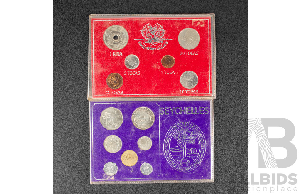 Four UNC Coin Sets Including Great Britain 1967, New Pence, Papua New Guinea 1979, Seychelles 1972