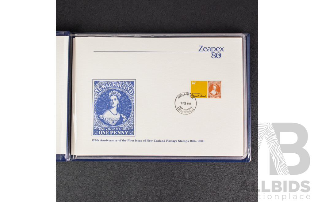 New Zealand Zeapex 1980 Stamp Album, United States Olympic Mint Stamp Folio, Spain 1980 Coin Set, 1878 Five Centimos Coin