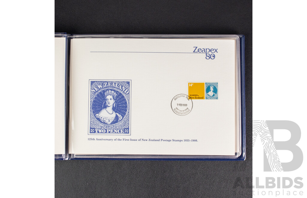 New Zealand Zeapex 1980 Stamp Album, United States Olympic Mint Stamp Folio, Spain 1980 Coin Set, 1878 Five Centimos Coin