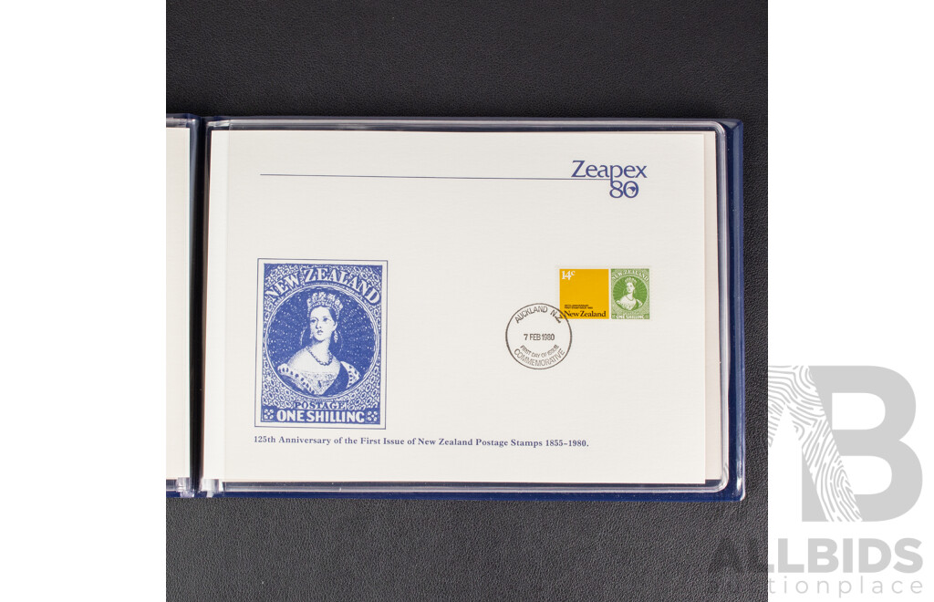 New Zealand Zeapex 1980 Stamp Album, United States Olympic Mint Stamp Folio, Spain 1980 Coin Set, 1878 Five Centimos Coin