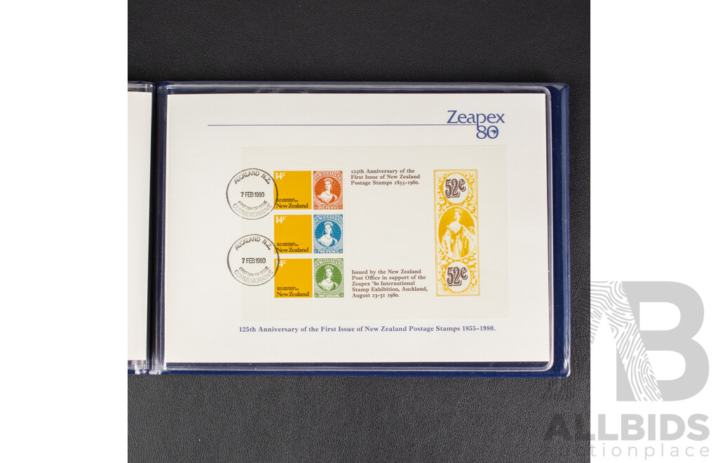 New Zealand Zeapex 1980 Stamp Album, United States Olympic Mint Stamp Folio, Spain 1980 Coin Set, 1878 Five Centimos Coin