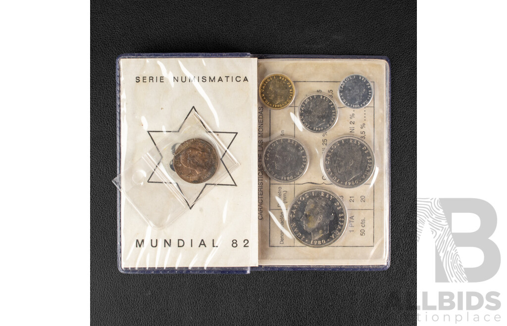 New Zealand Zeapex 1980 Stamp Album, United States Olympic Mint Stamp Folio, Spain 1980 Coin Set, 1878 Five Centimos Coin