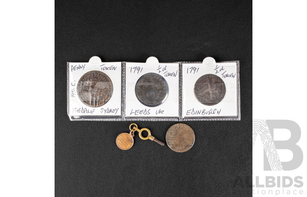 Collection of Meadals and Merchant Tokens Including 1905 Medal Commemorating Centenary of the Battle with HMS Victory and Nelson, Australian Nineteenth Century Iredale & Co Half Penny, Great Britain Edinburgh/Hutchinson's Half Penny..............